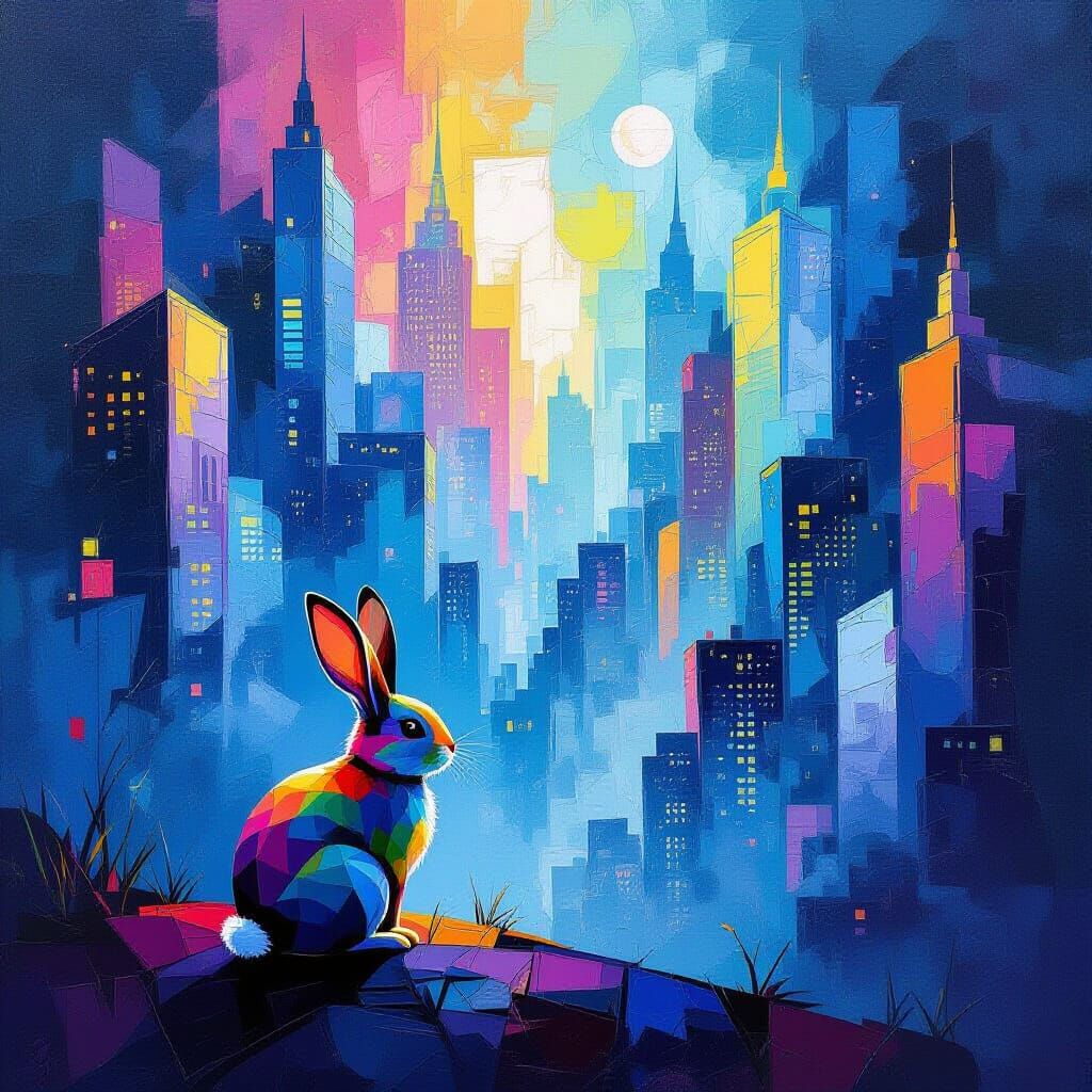Geometric Impressionist Rabbit in Abstract Cityscape