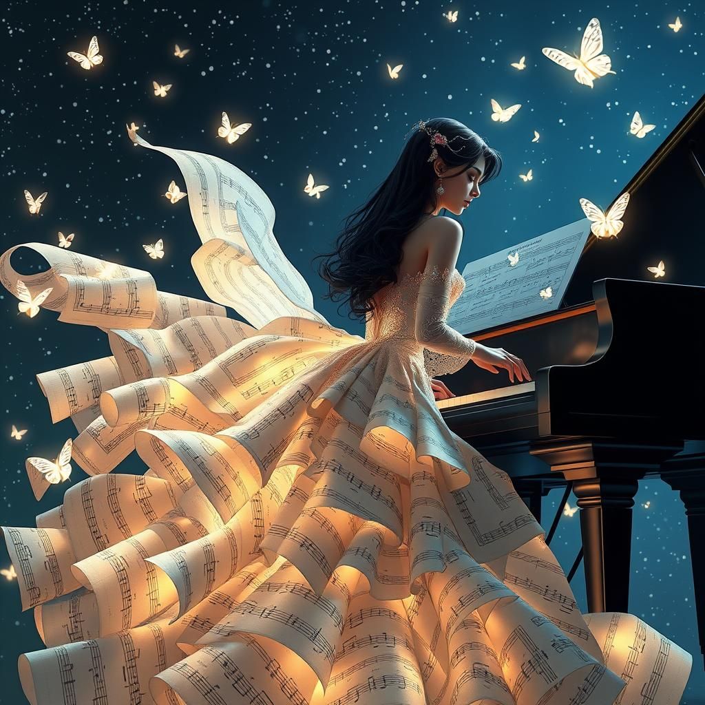 Woman's Sheet Music Gown at Piano, Digital Art
