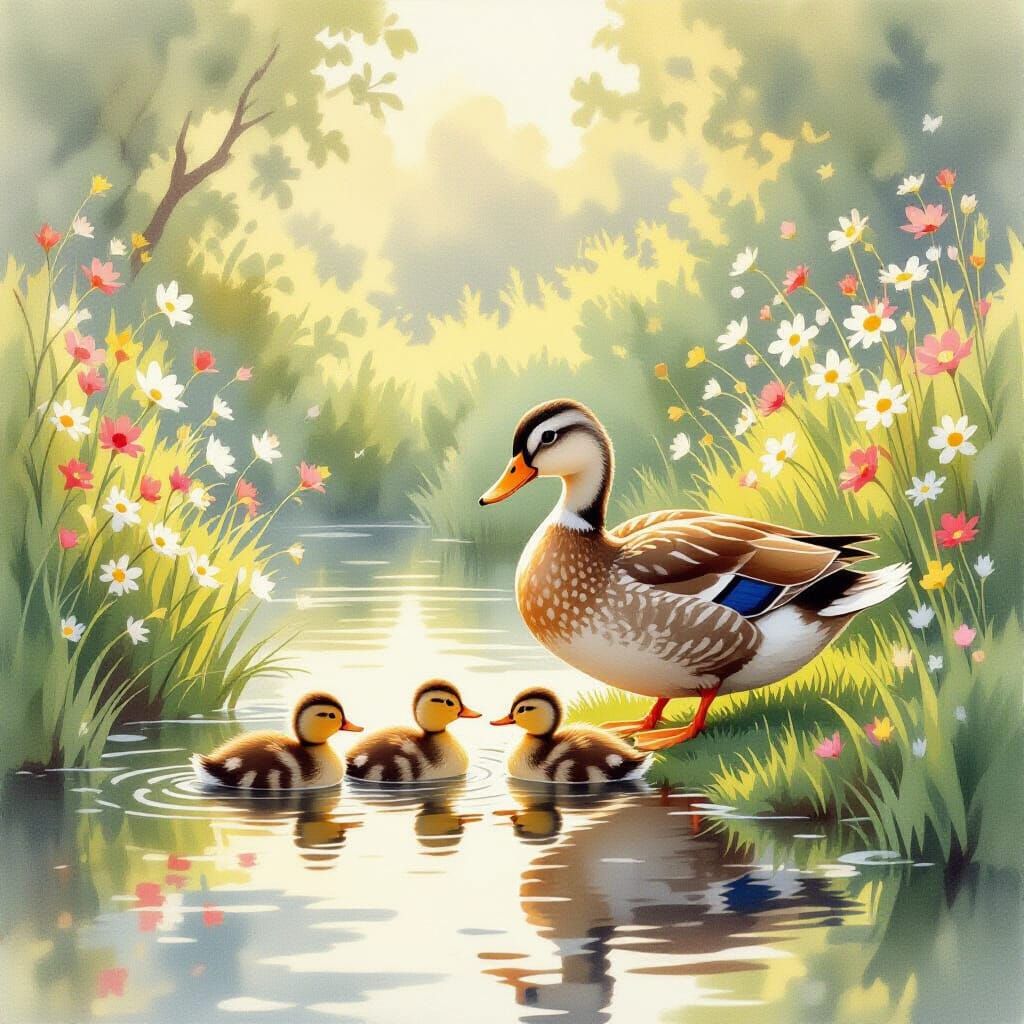 Mother Duck Leads Ducklings to Sunlit Pond in Watercolor Sty...