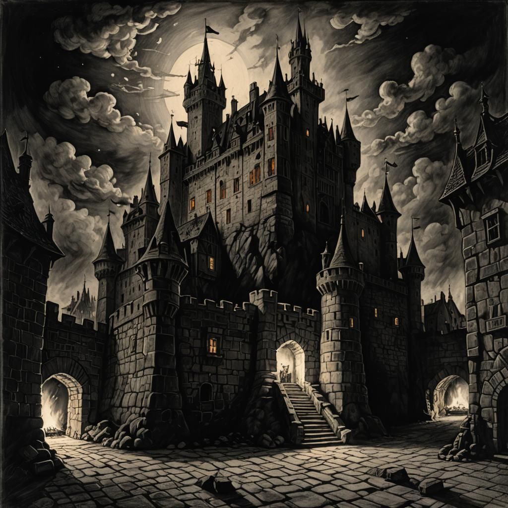 Eerie Castle at Night in Charcoal Drawing Style