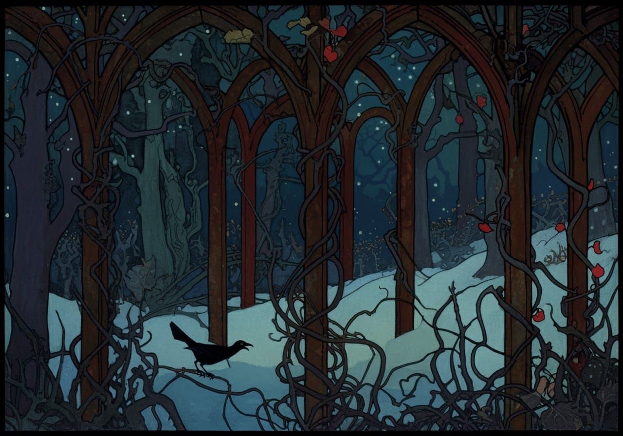 Entangled Blackbird and Vines in Arthur Rackham Style