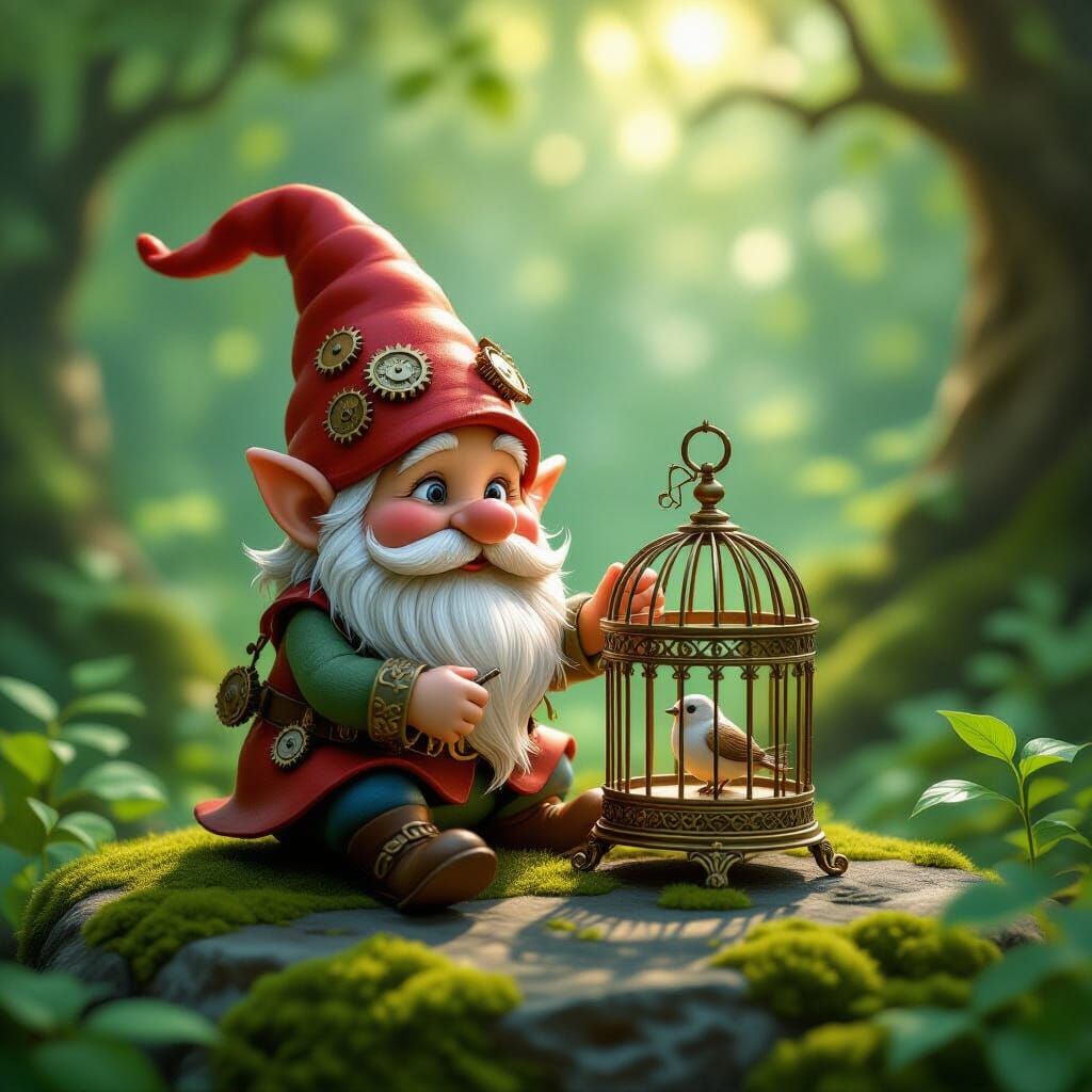 Whimsical Gnome Polishing Birdcage in Enchanted Forest