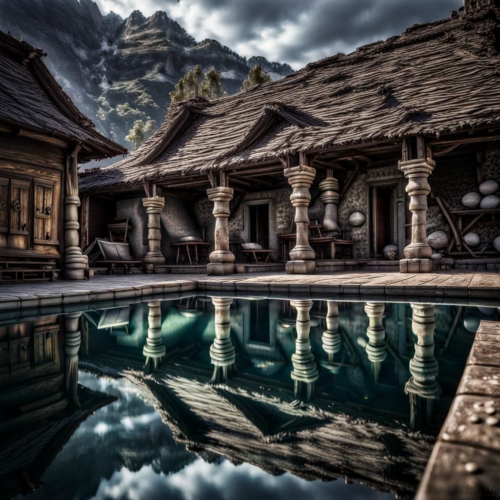 Hyperrealistic Orc Village Reflections in Pool
