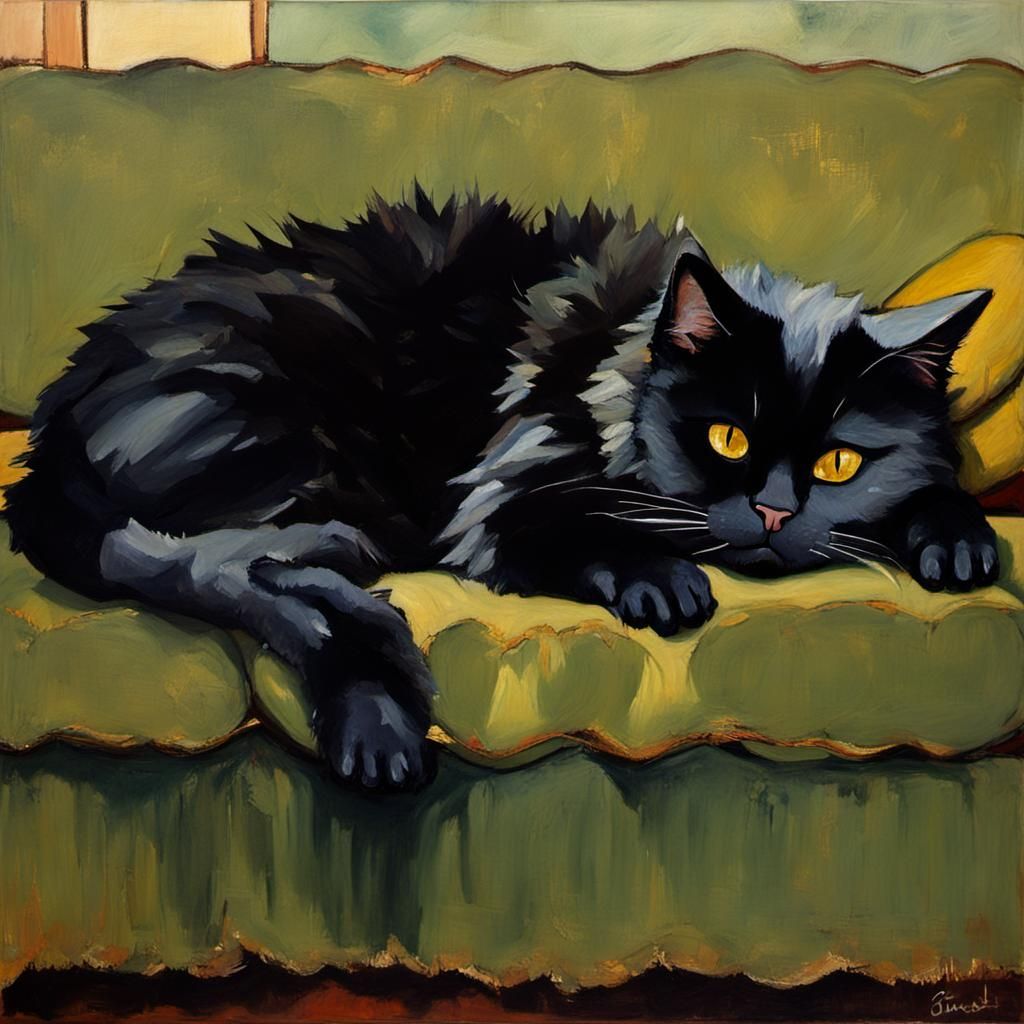 Fluffy Black Cat Sleeping, Oil Painting Style