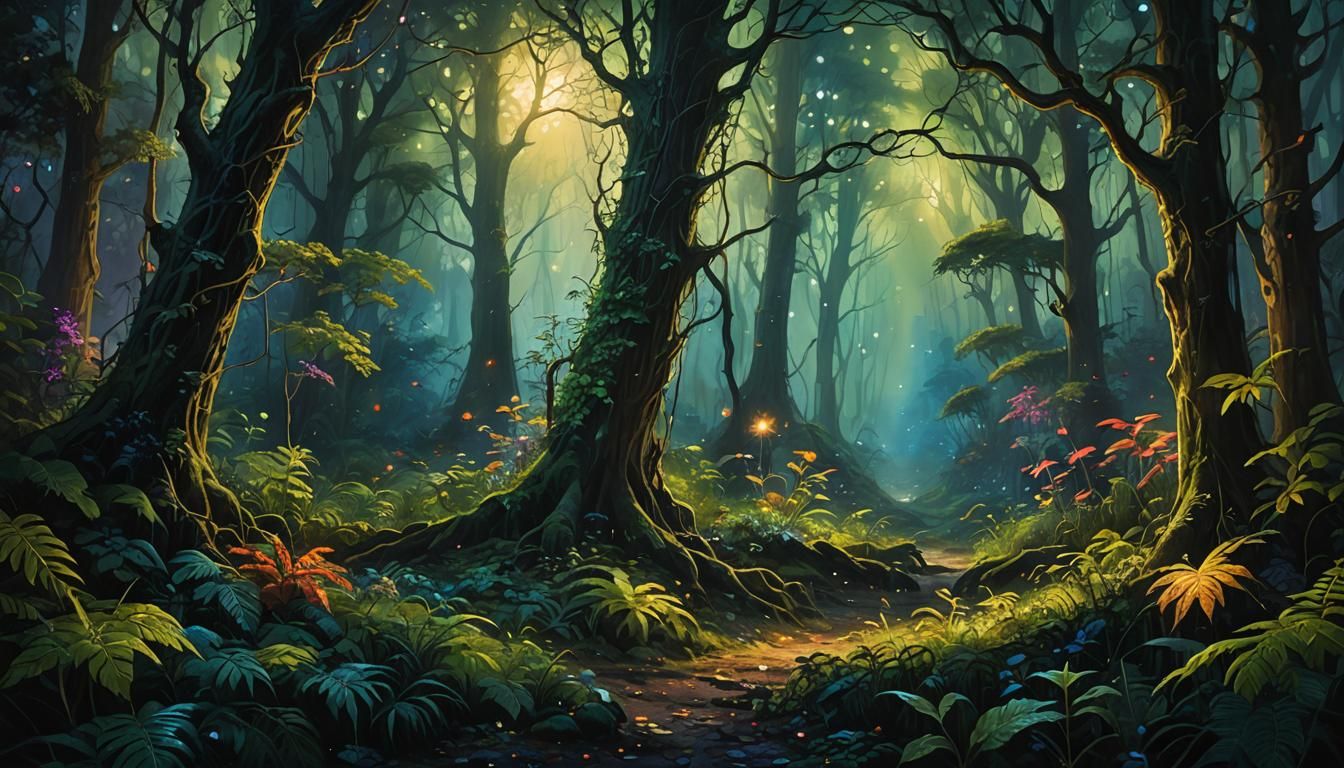Enchanted Forest at Night in Oil Painting Style