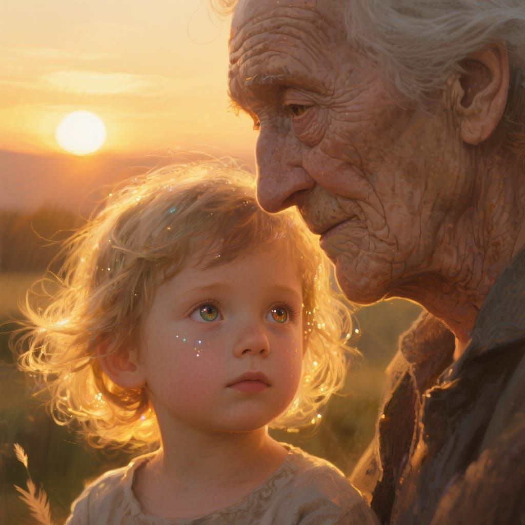 Child and Elder Face Merge at Sunrise and Sunset