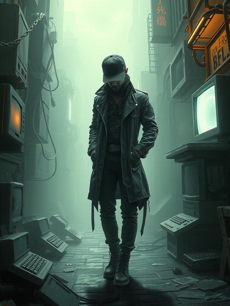 Cyberpunk Figure in Alley of Ancient Tech