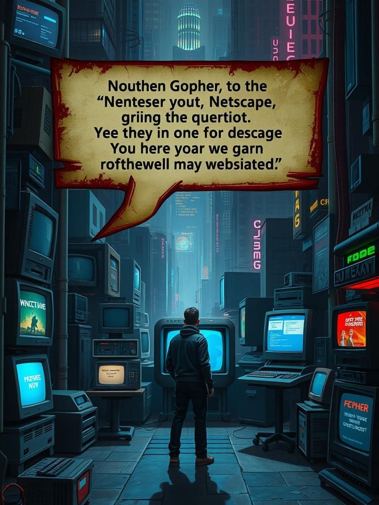 Cyberpunk Figure Surrounded by Retro Tech in Noir Cityscape