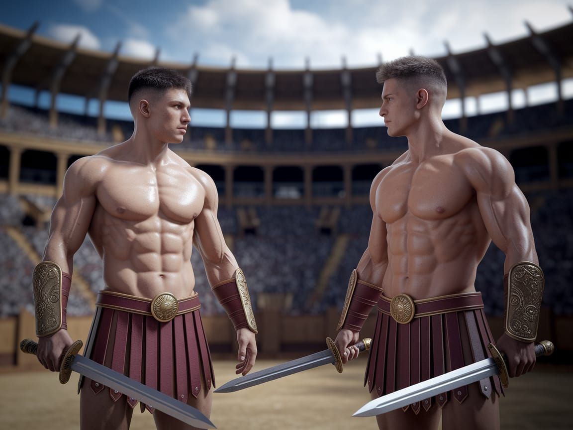 Muscular Gladiators Face Off in Ancient Arena