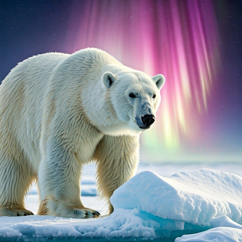 Polar Bear Under Pink Northern Lights, Wildlife Photography