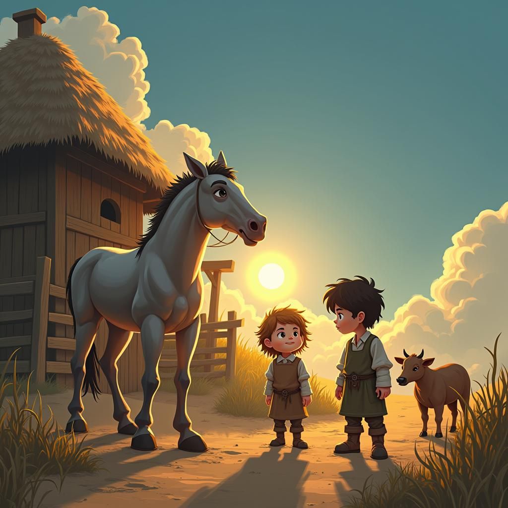 Two Boys on a Medieval Farm at Sunrise