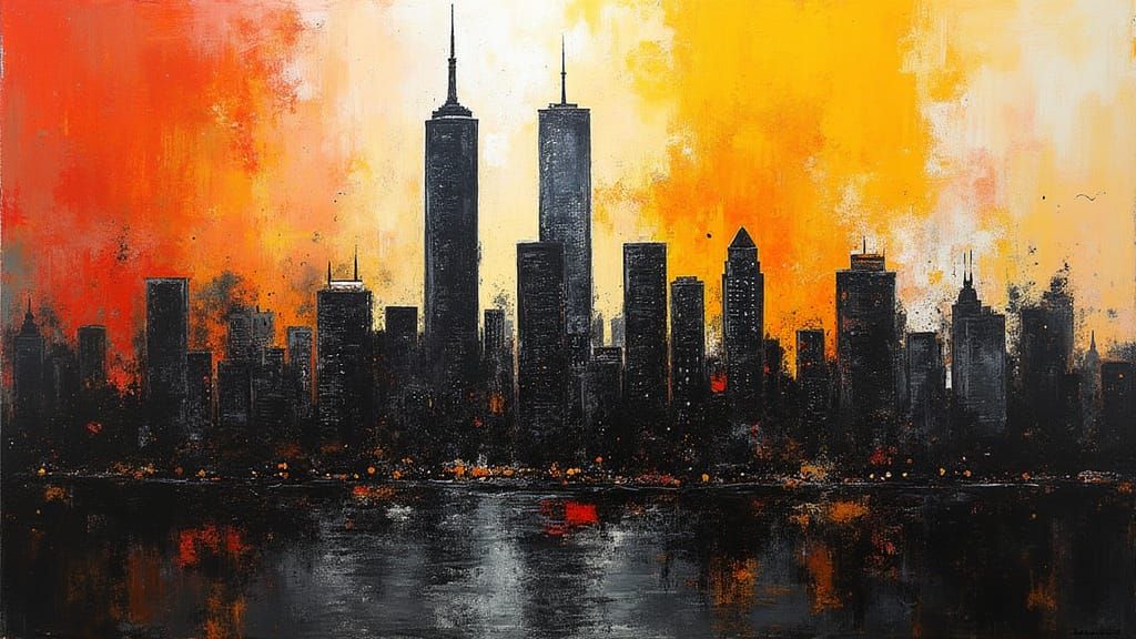 Abstract New York Cityscape with Twin Towers in Bold Colors