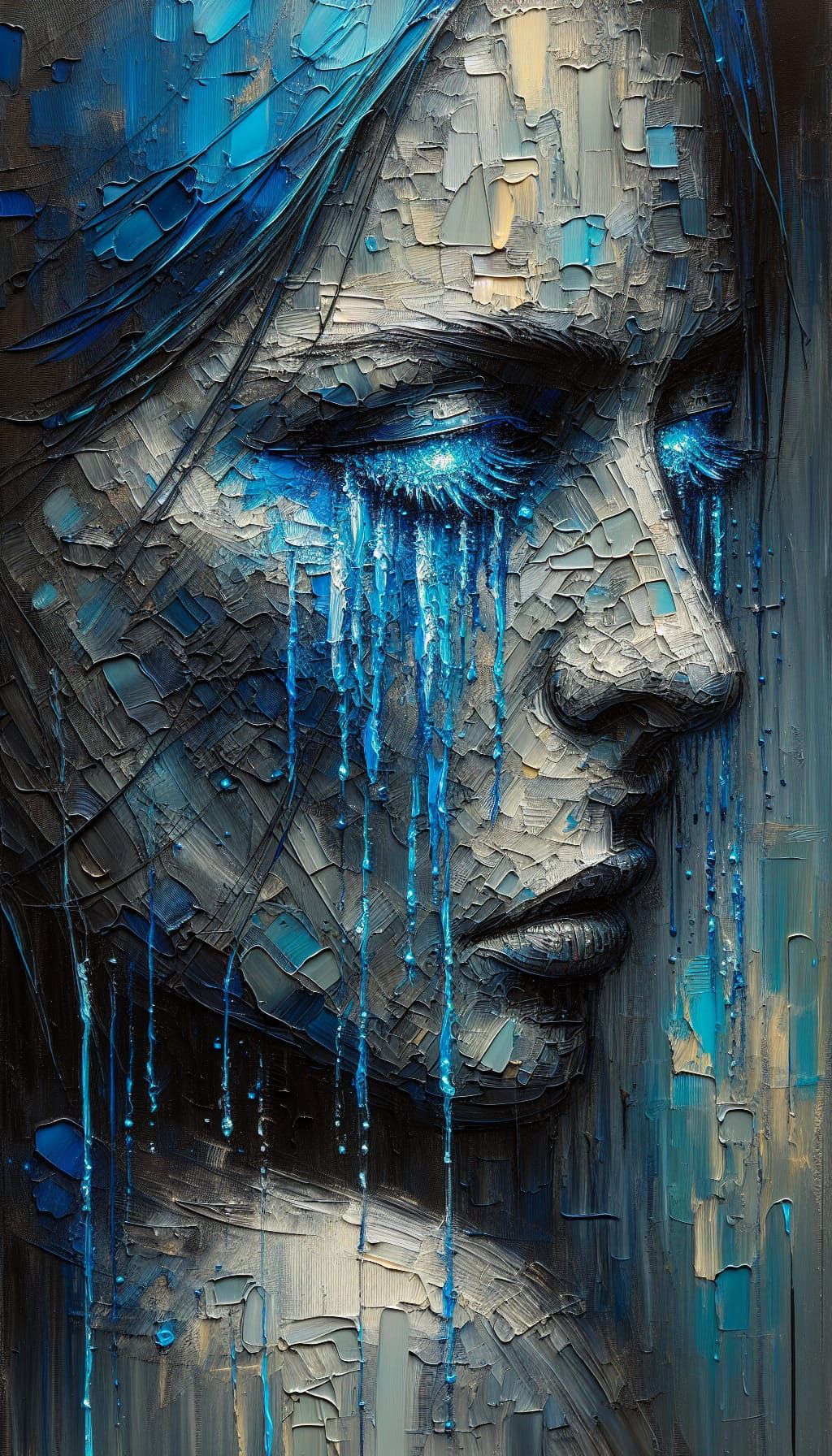 Neon Blue Tears in Intense Impasto