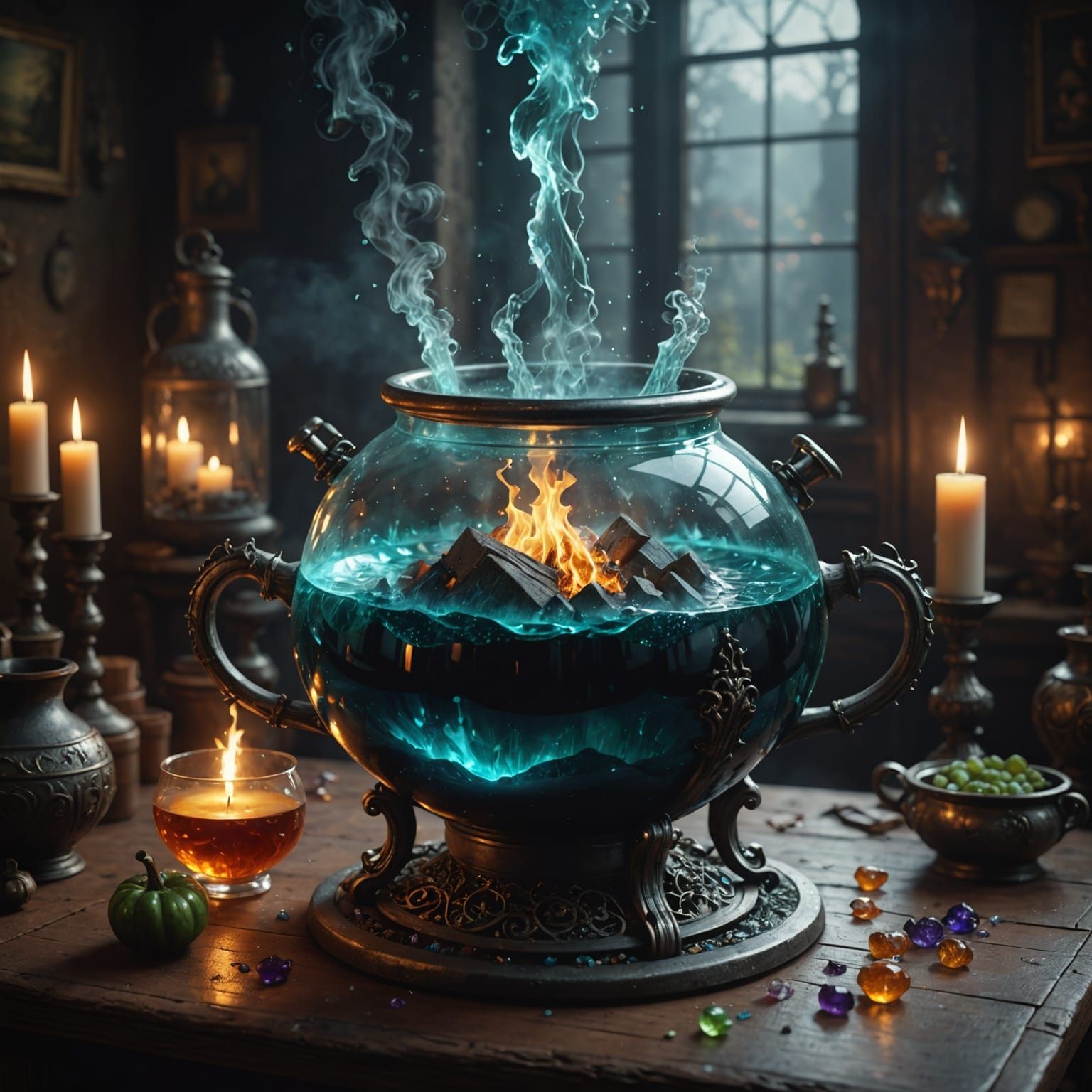 Glass Witch's Cauldron with Magic Potion