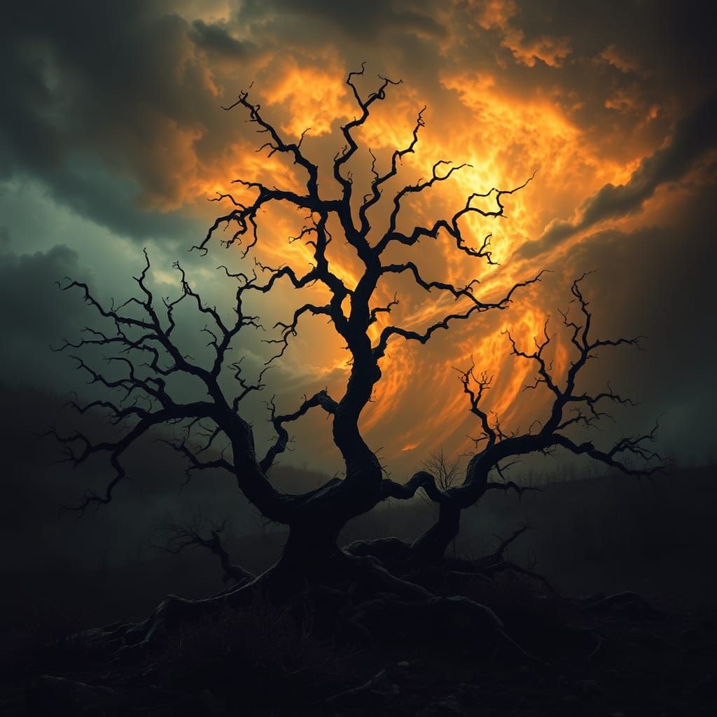 Ominous Landscape with Fiery Sky in Dark Surreal Style