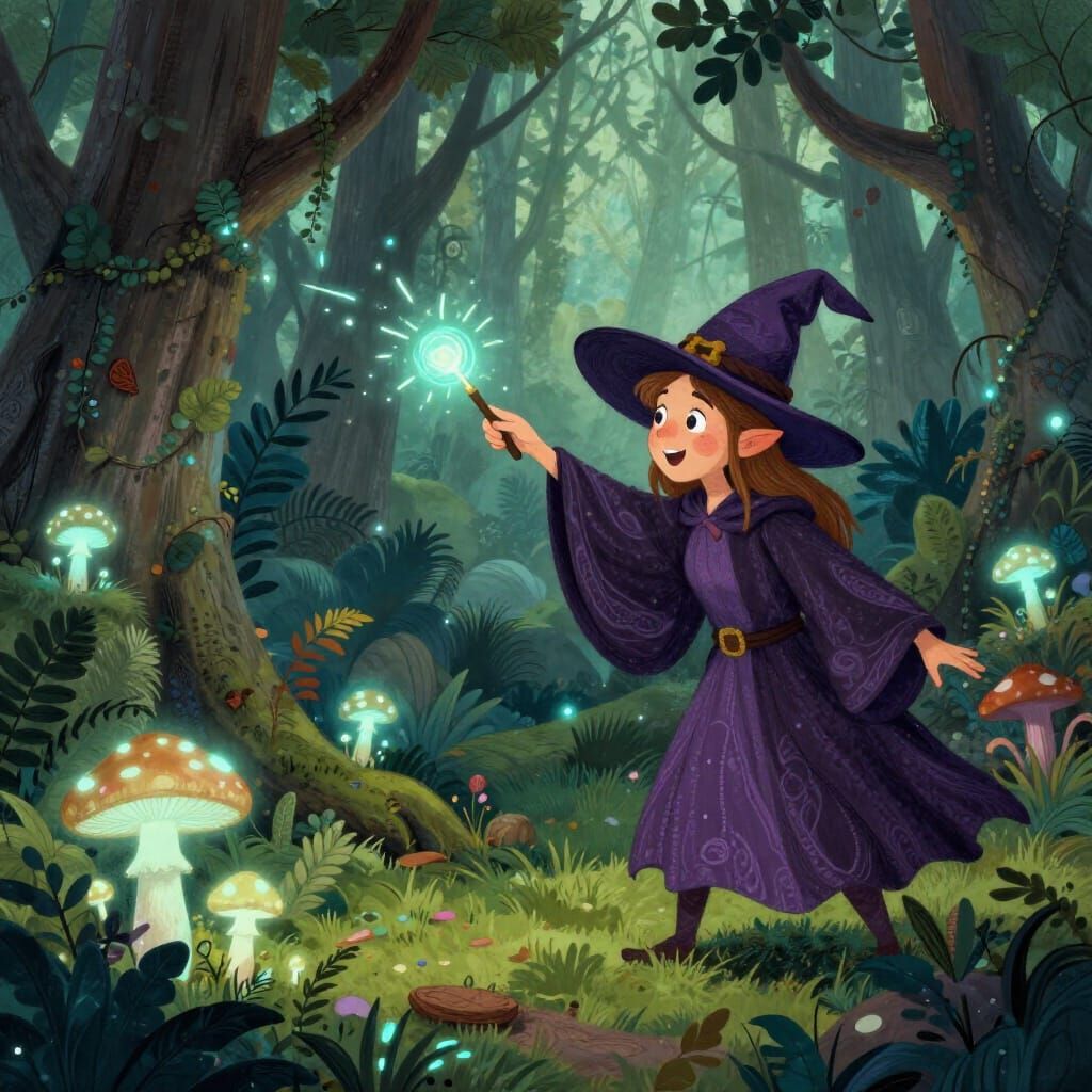 Witch Transforms Landscape into Bioluminescent Forest