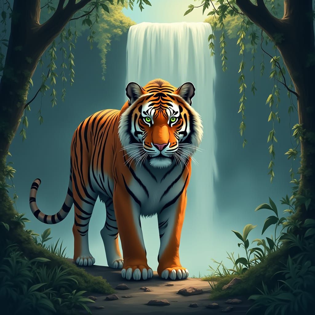 Majestic Tiger at Waterfall in Moonlit Forest