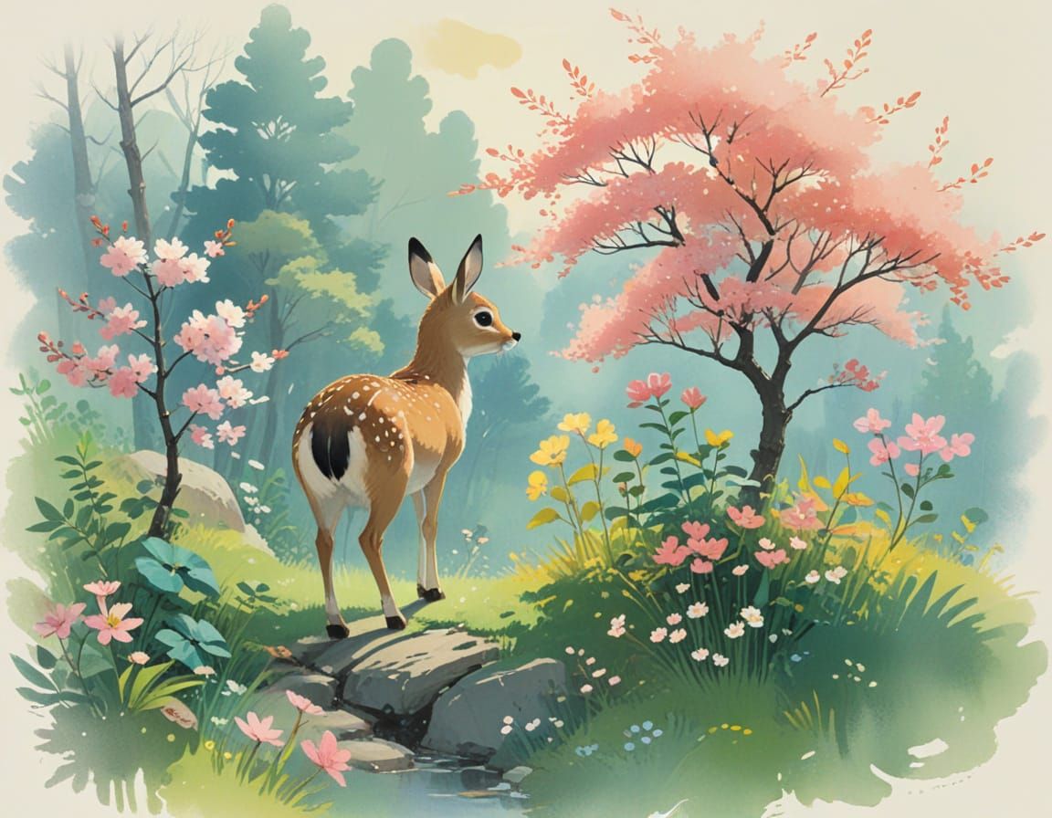 Fawn in Spring Blossoms: Watercolor and Gouache