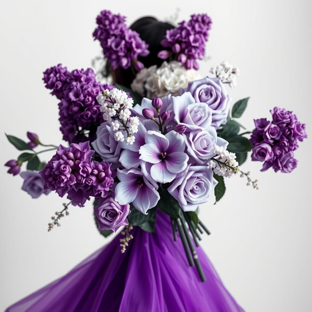 Purple Flower Bouquet with Woman in Lilac Gown