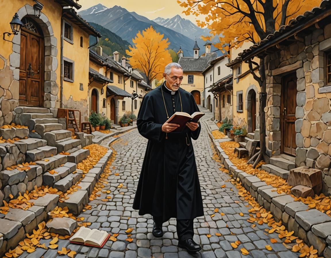 Catholic Priest Reading in Mountain Village, Naive Art