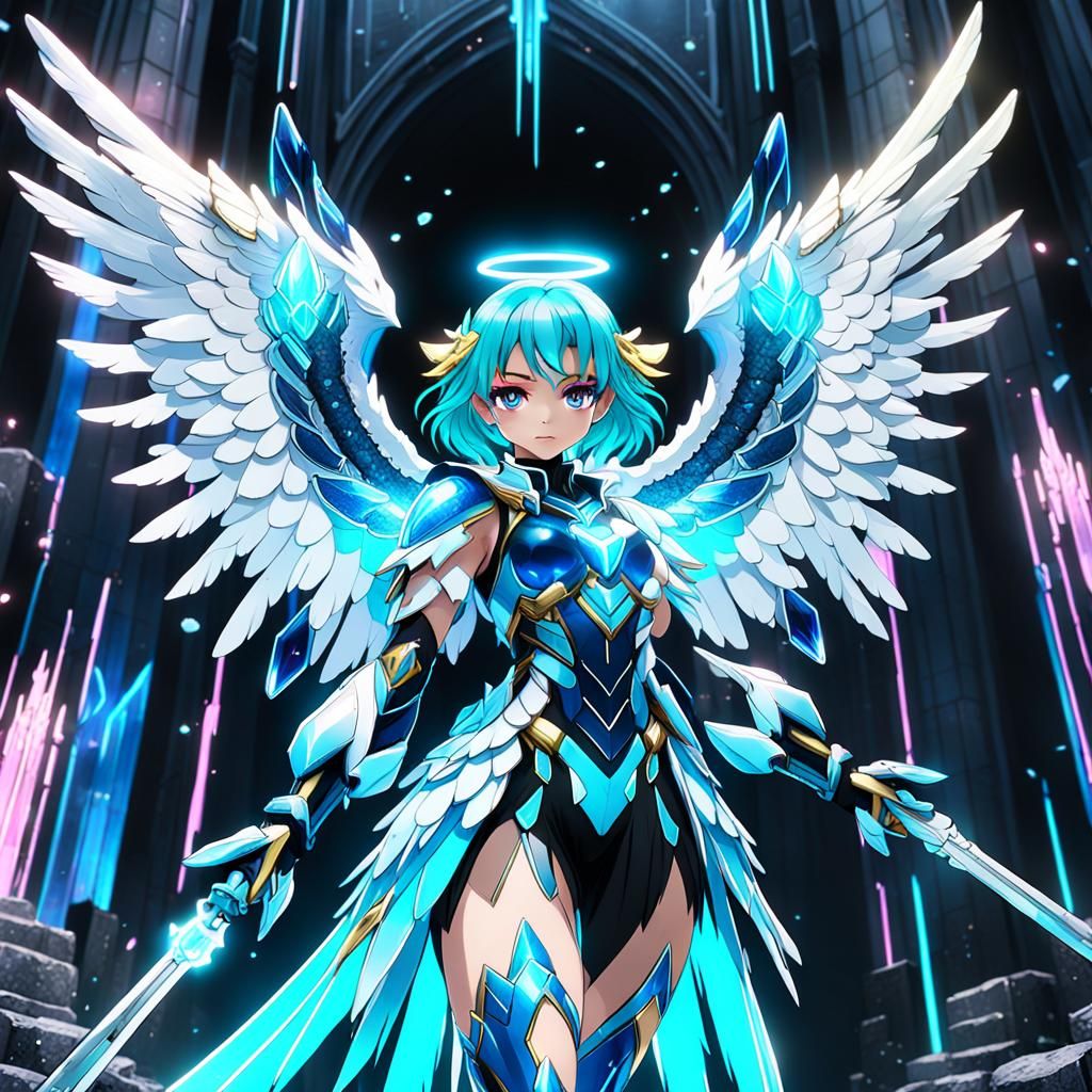 Neon Crystal Guardian Angel in Anime Style