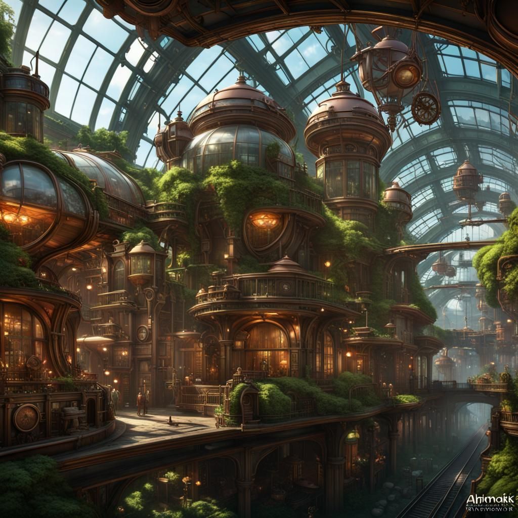 Steampunk City Vista with Lush Greenhouses