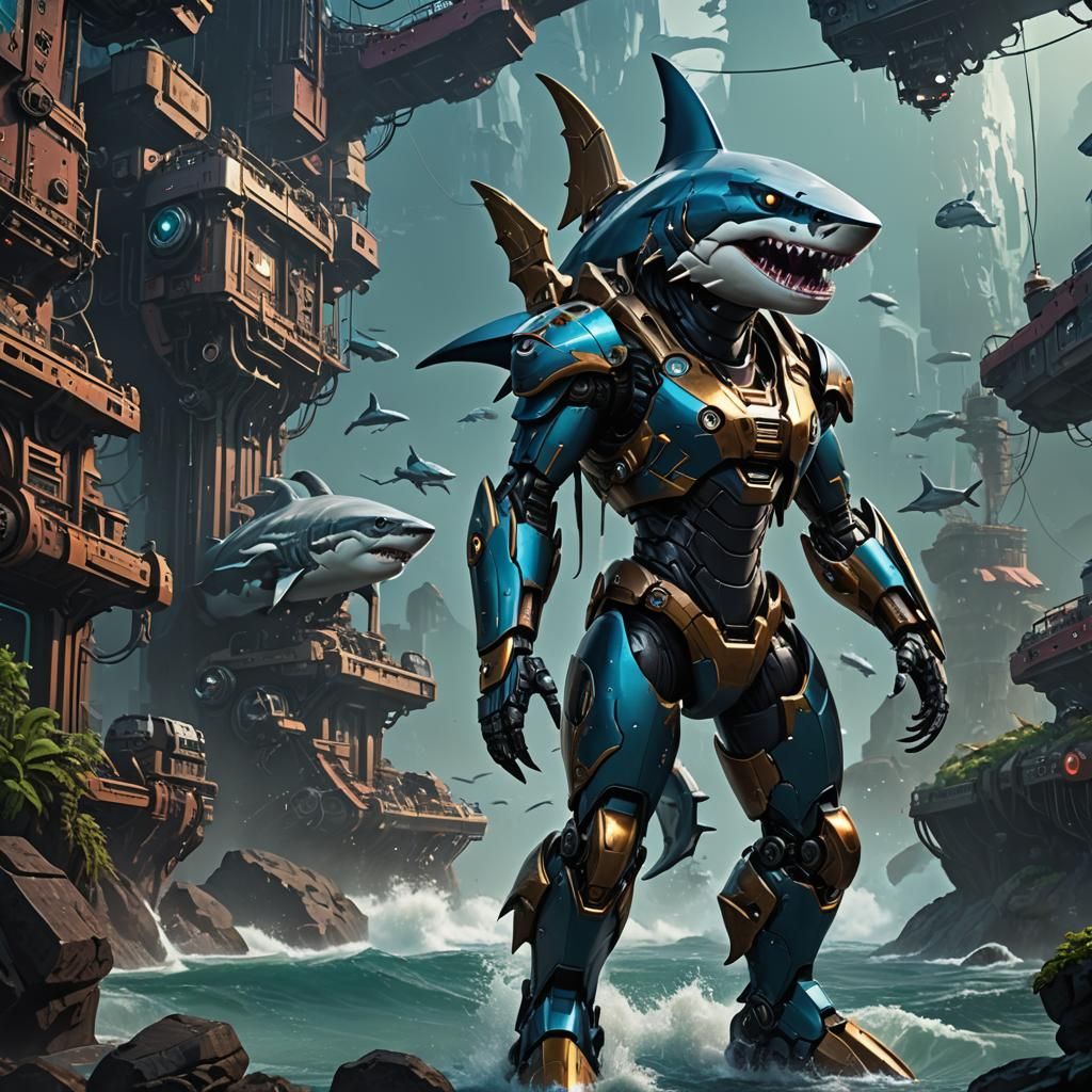 Sci-Fi Androgynous Robot Shark Anthro in Detailed Digital Ar...