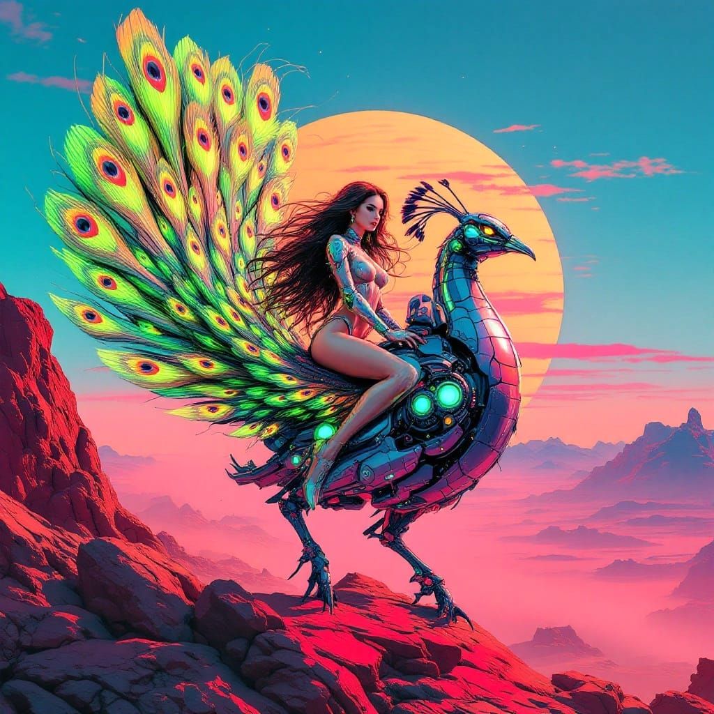 Retrofuturistic Goddess Rides Cyberpunk Peacock