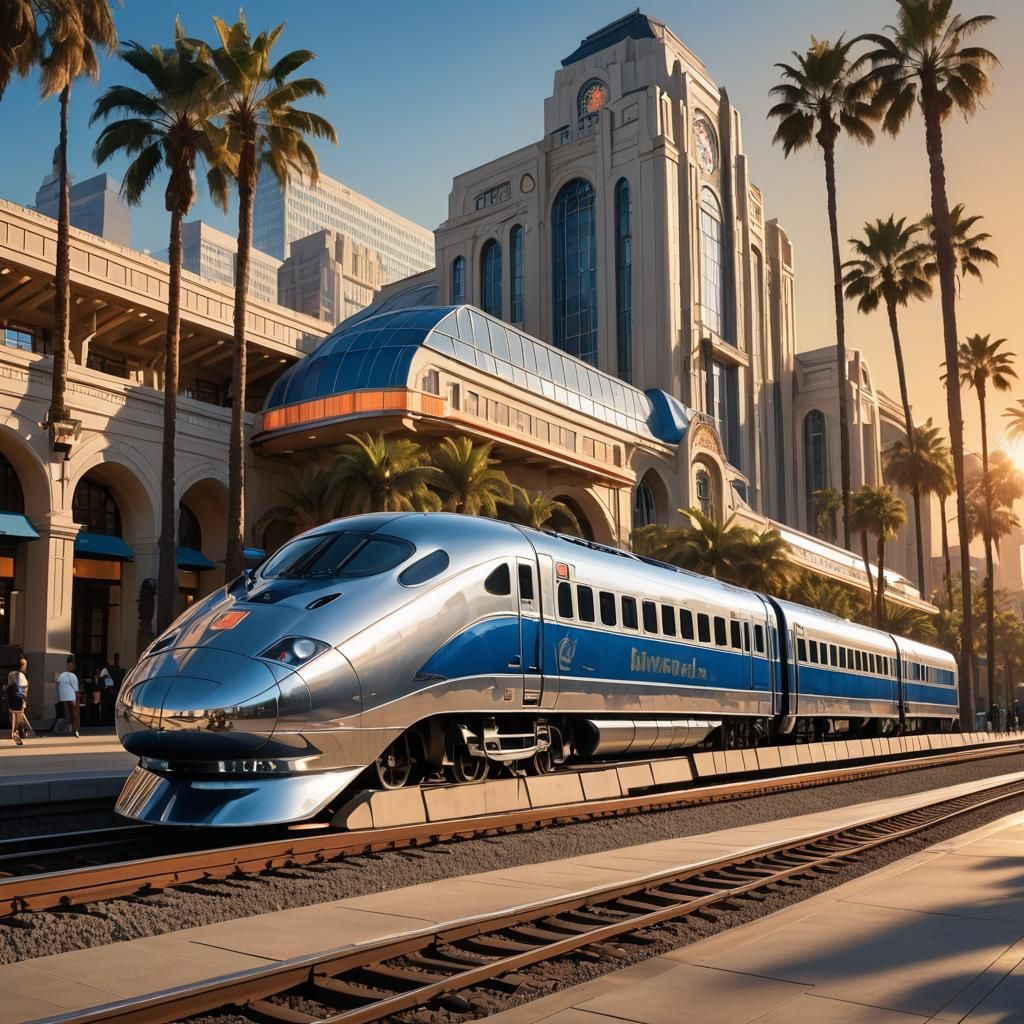 Art Deco Bullet Train Arriving in Los Angeles