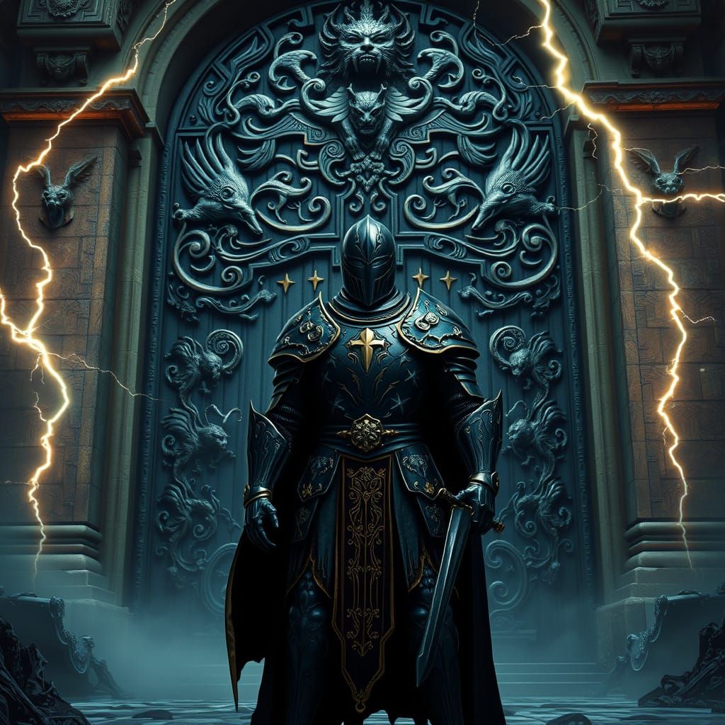 Knight Guarding Ancient Gate with Arcane Energy