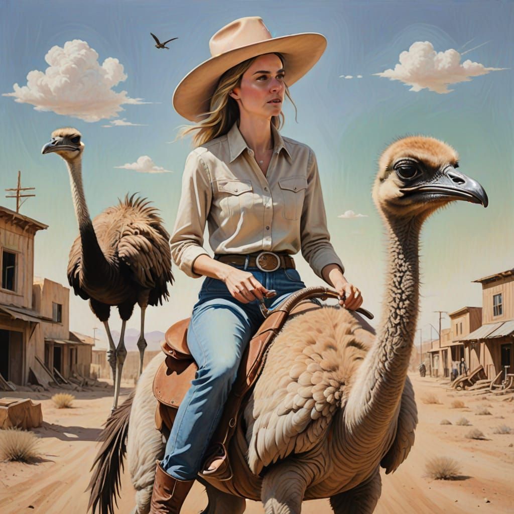 Dadaism Anti-War Scene: Woman and Boy Riding Ostrich