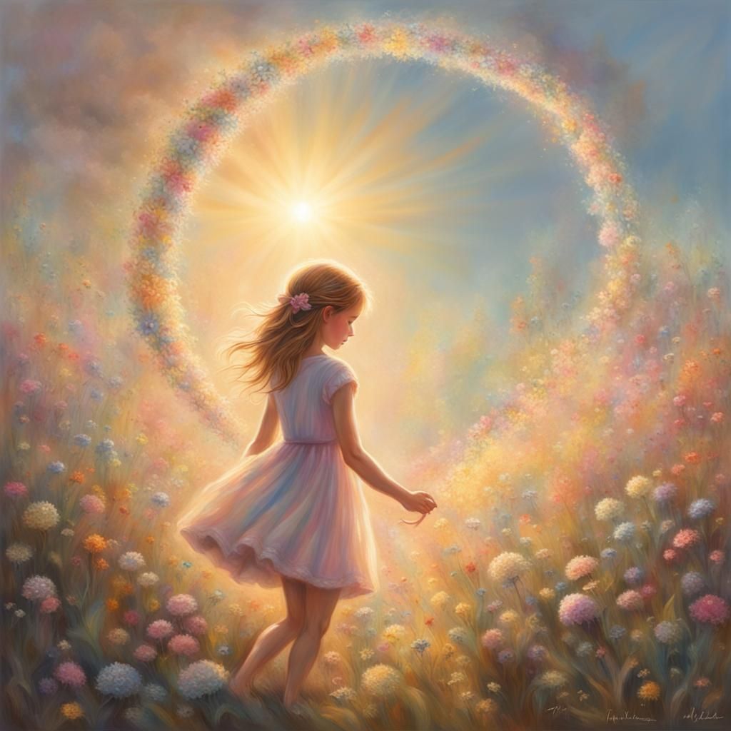 Girl Picking Flowers in Pale Pastel Sunlight