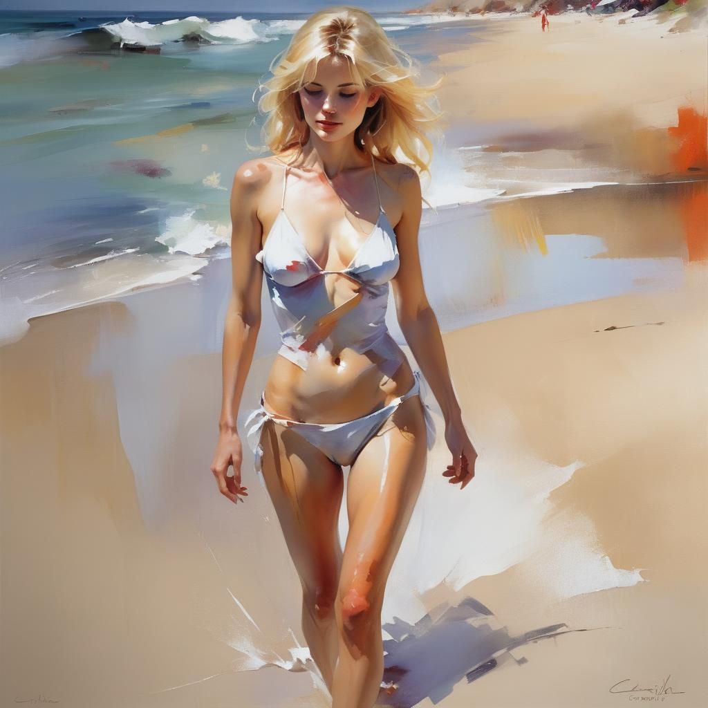 Ethereal Beach Goddess in Vibrant Oil Painting