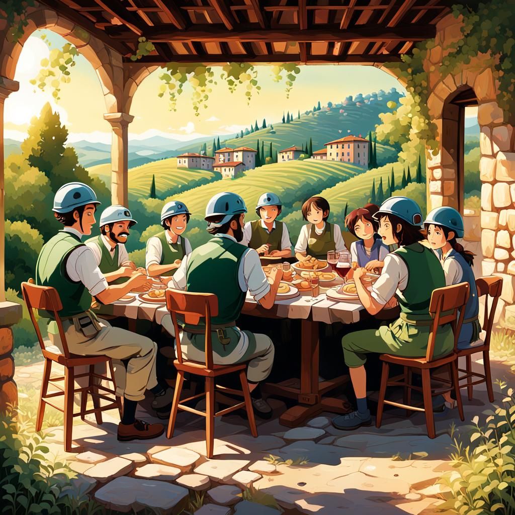 Geologists' Lunch in Tuscan Hills, Ghibli Style