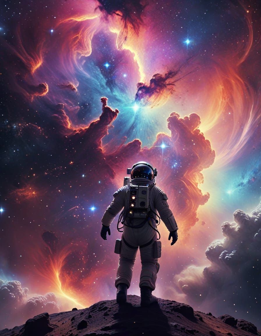 Astronaut Reaching for Galaxy in Vibrant Nebula