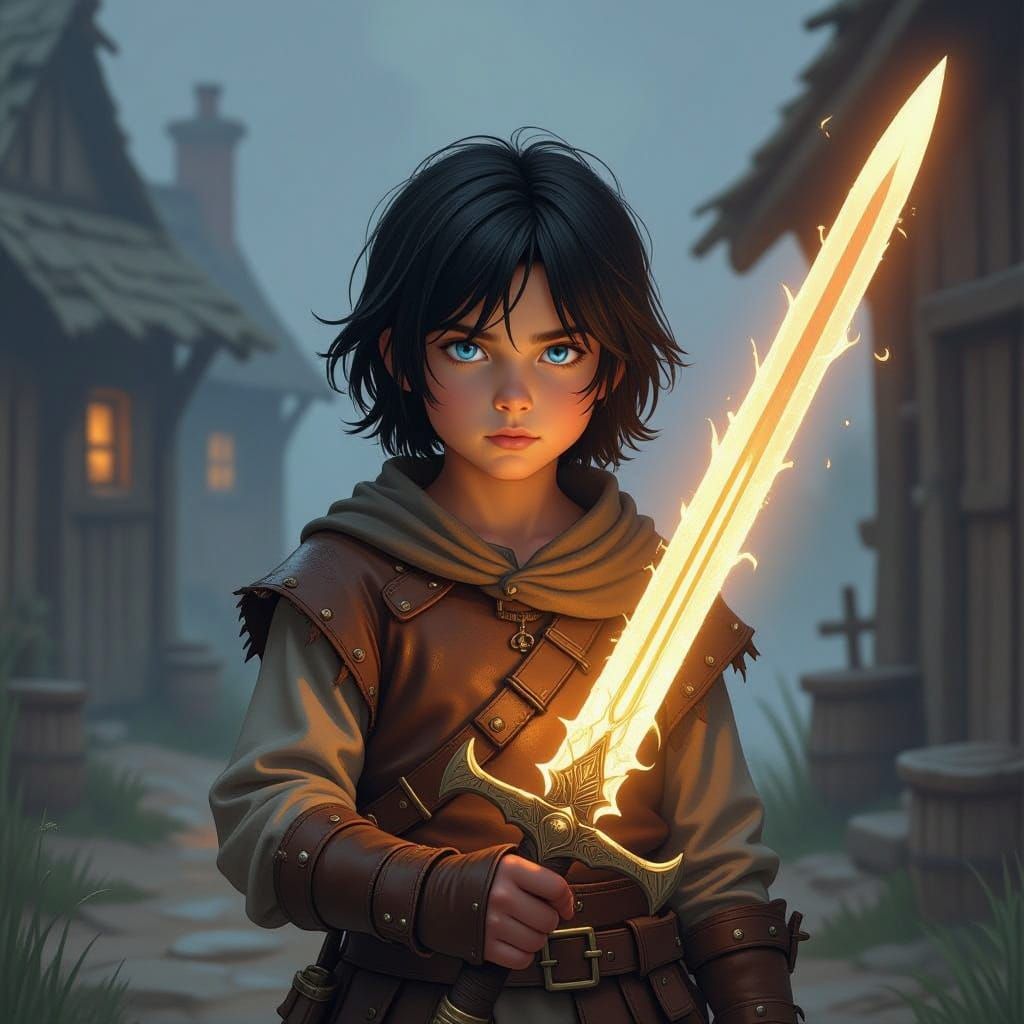 Medieval Villager Kid with Magical Sword