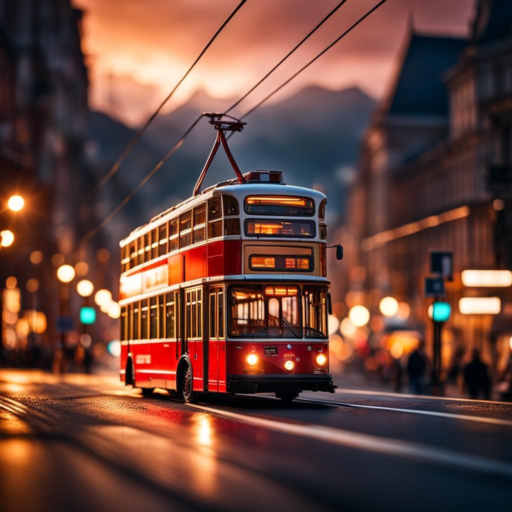 City Trolley Bus at Sunset in Tilt-Shift
