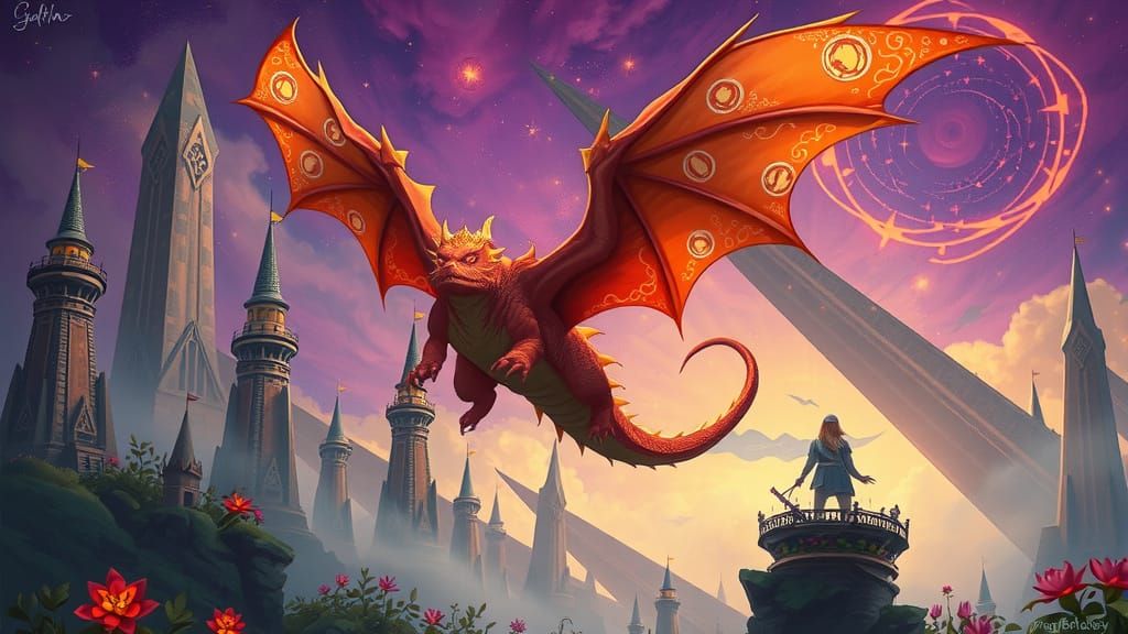 Majestic Red Dragon Soaring Through Alien Skies