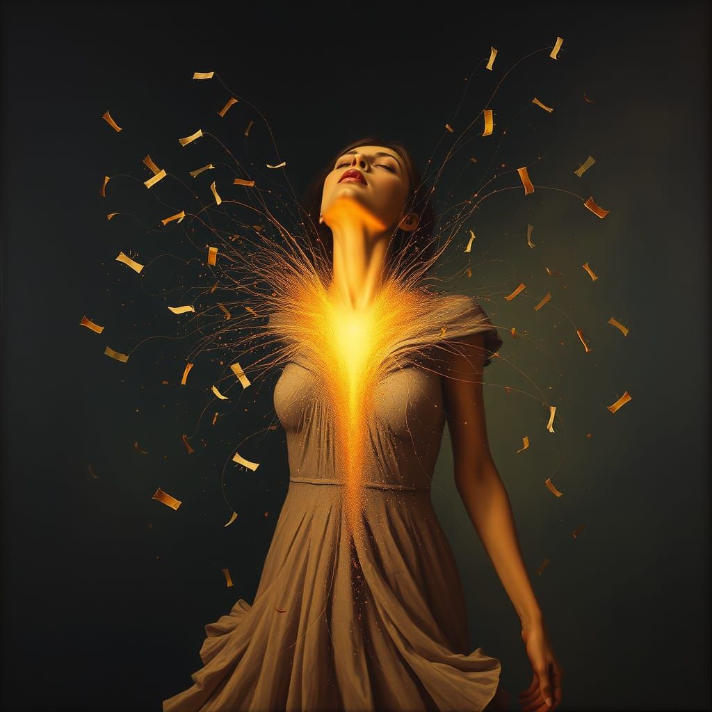 Surrealist Woman Unraveling in Dreamlike Light