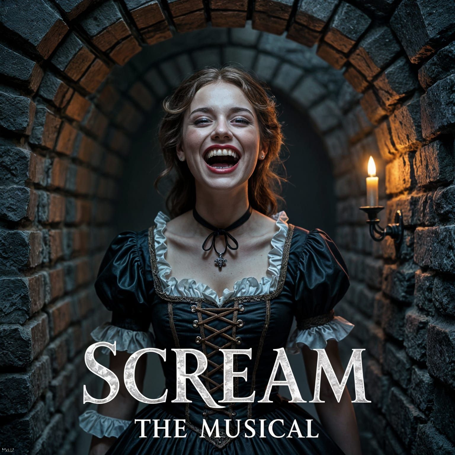 Manic Girl Laughing in Castle Cellar, Hyperrealistic