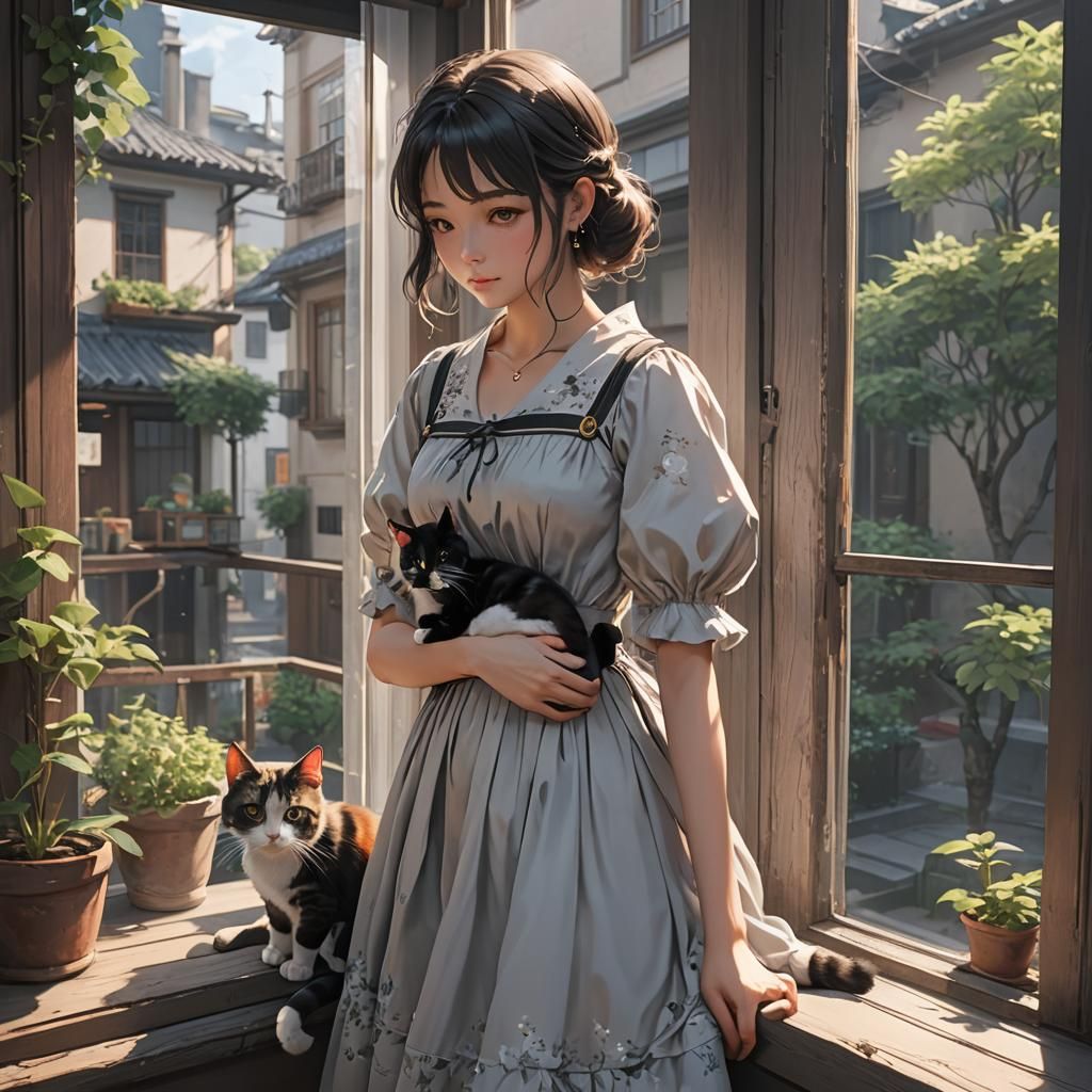 Woman with Cat: Detailed 3D Anime Art
