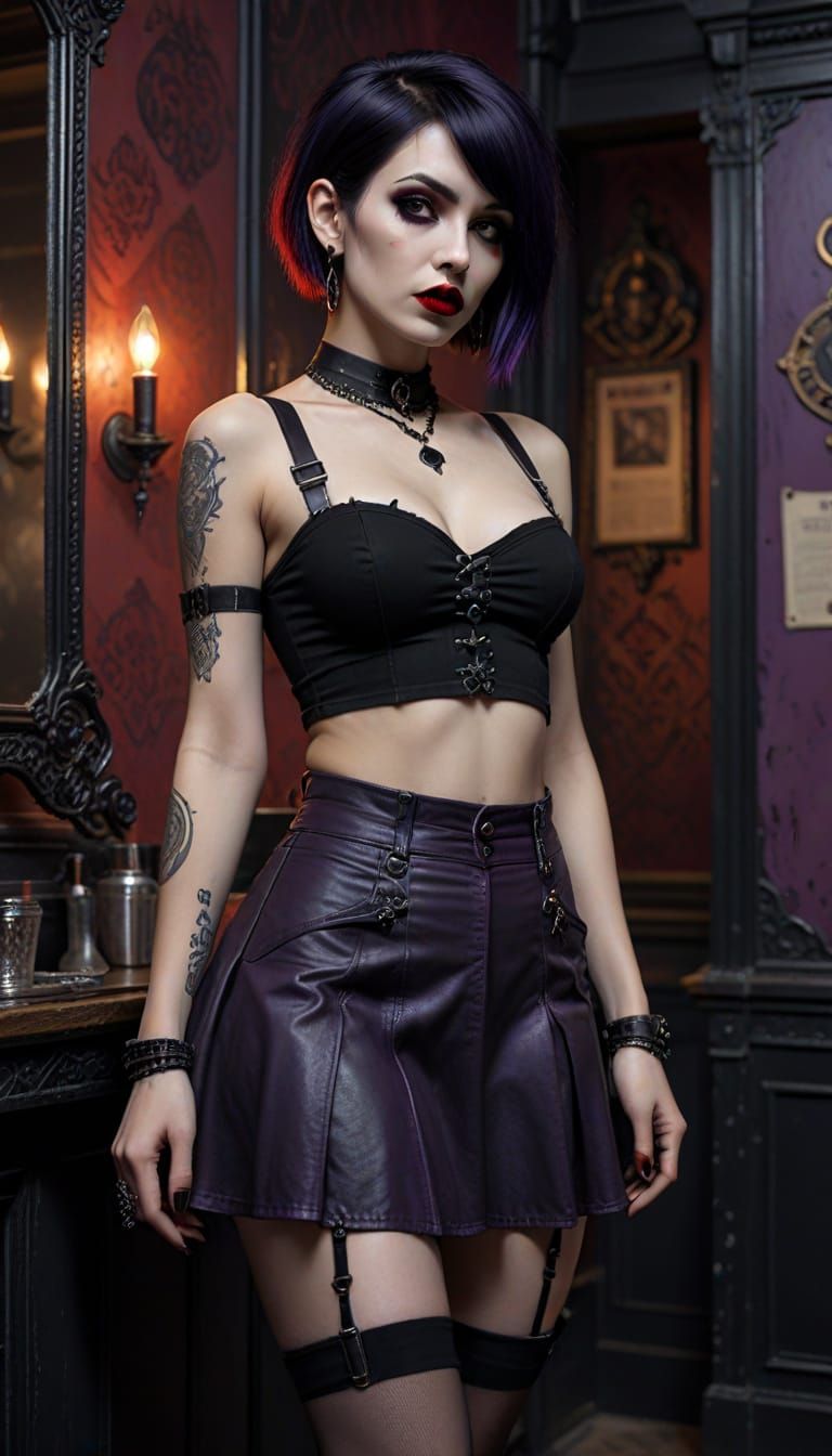 Goth Woman in Rock Bar Cinematic Shot