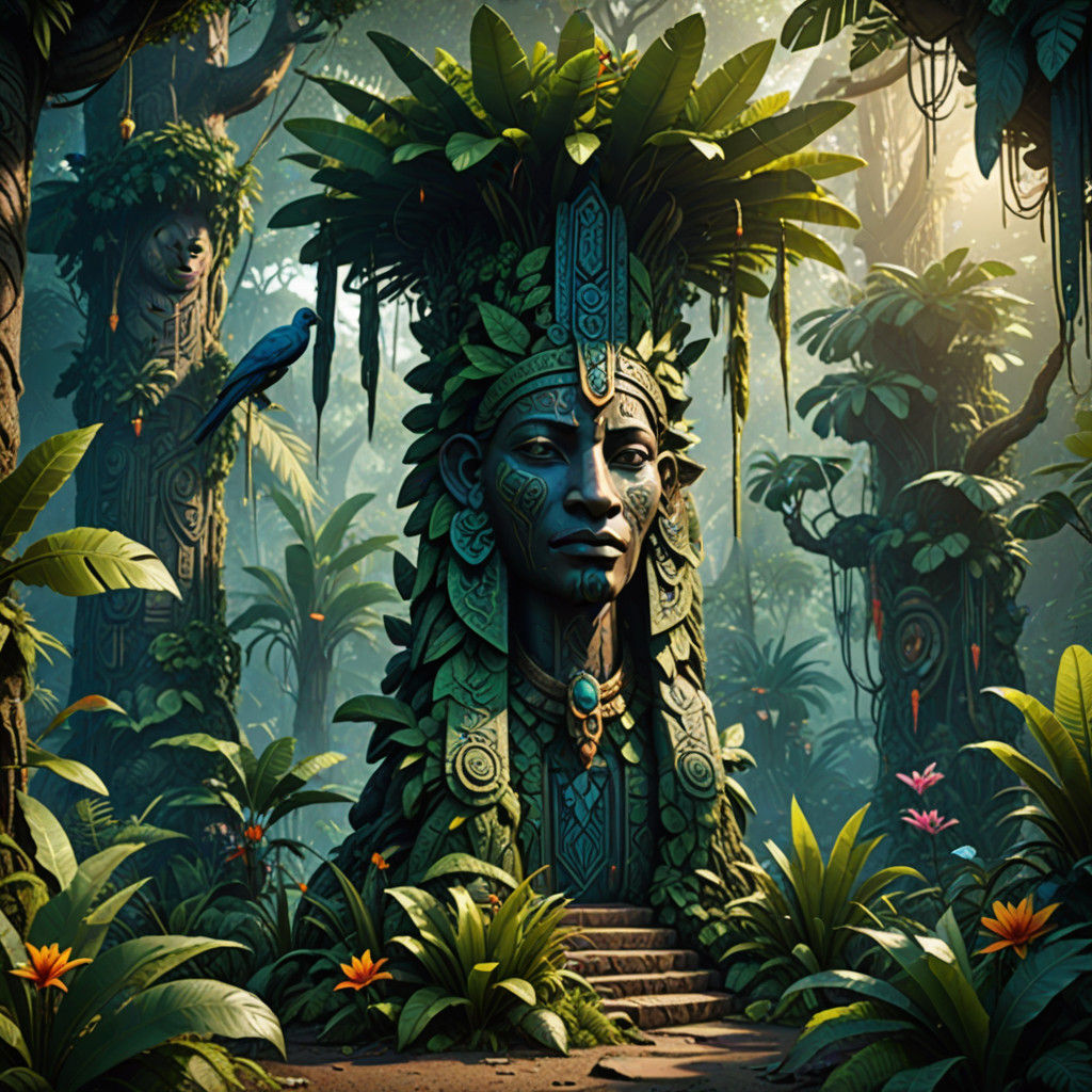 Ancient Jungle Totem in Vibrant African Paradise