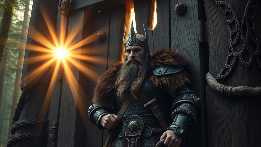 Viking King Breaks Open Prison Door in Golden Light