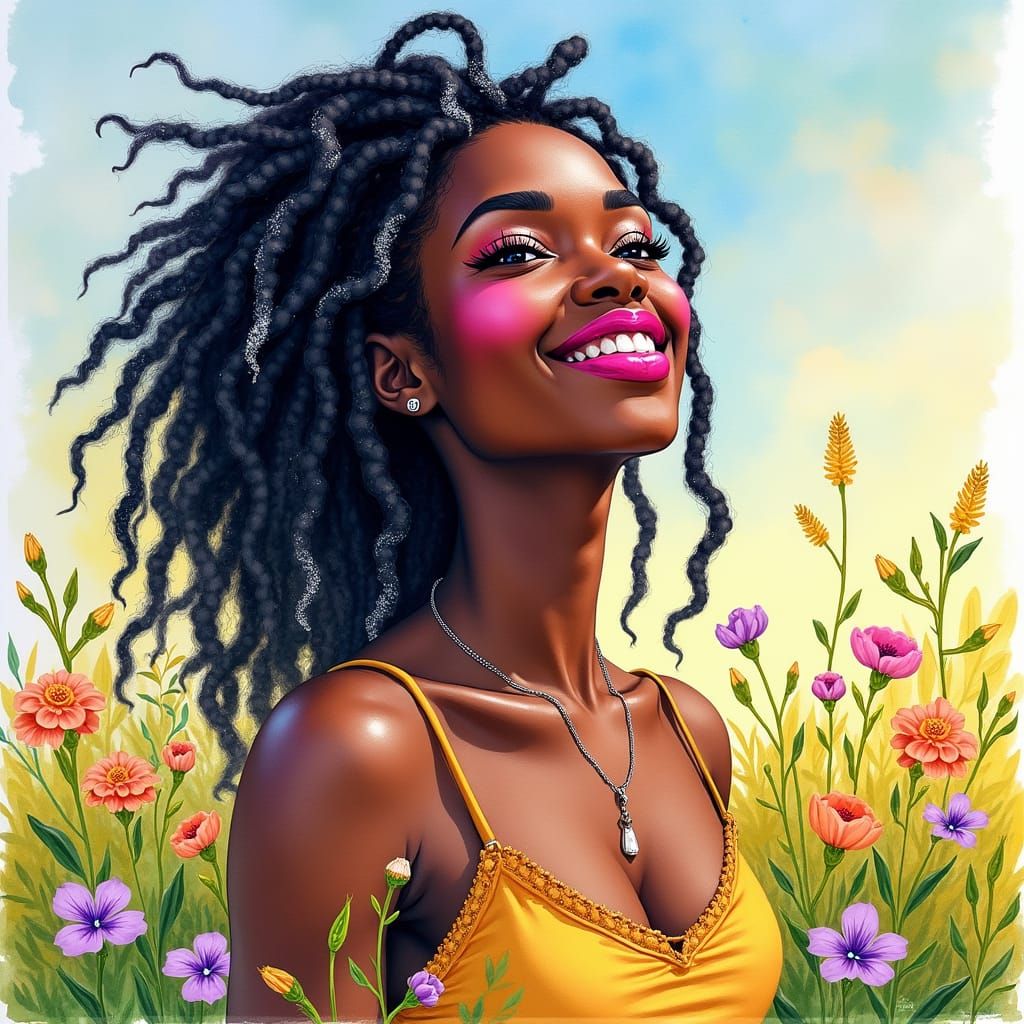 Radiant Ebony Woman in Whimsical Watercolor Landscape