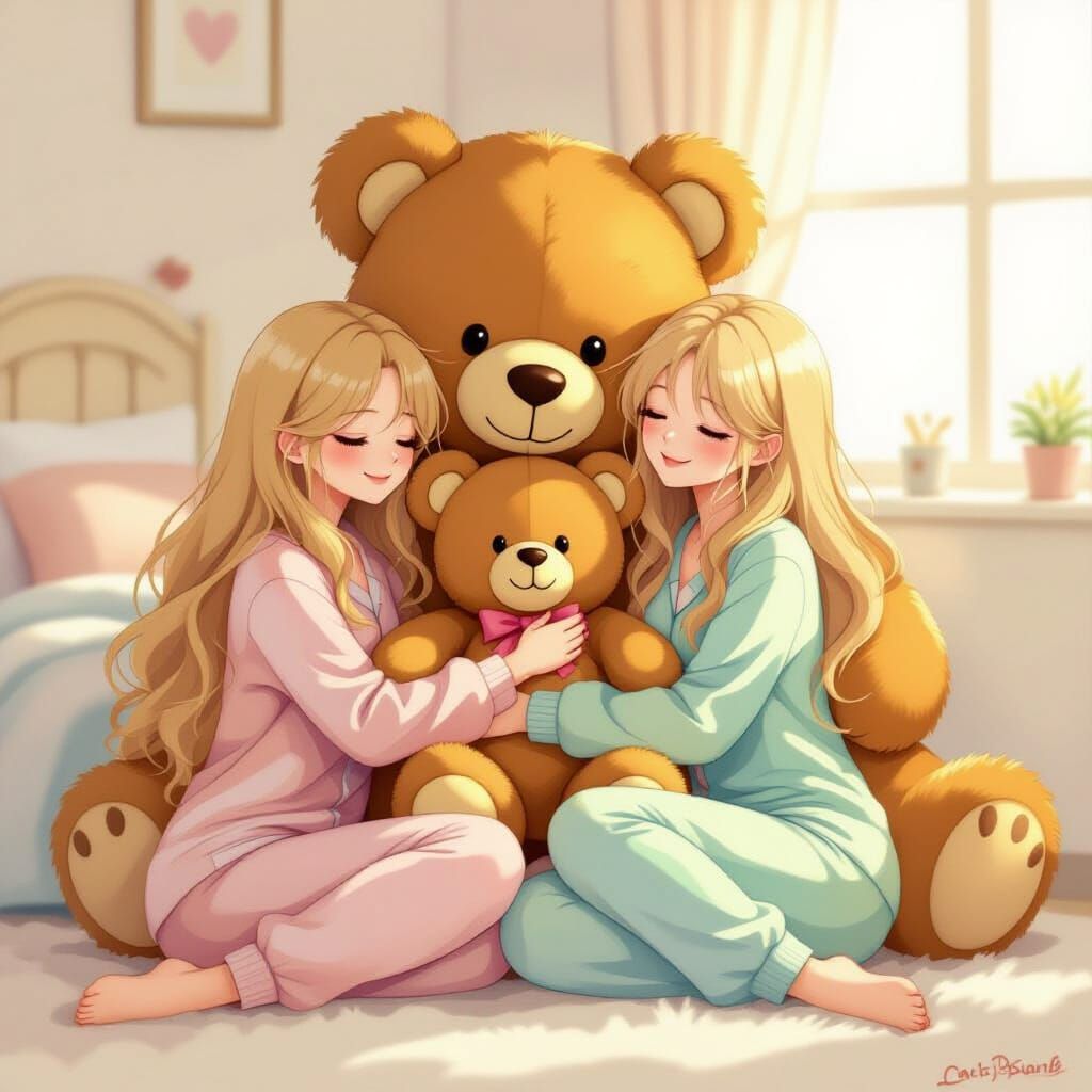 Blonde Women with Teddy Bear, Whimsical Art Style