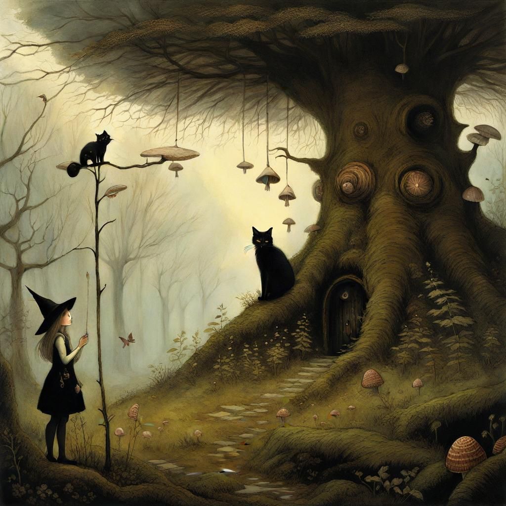 Cute Witch Girl and Cat by Magical Tree