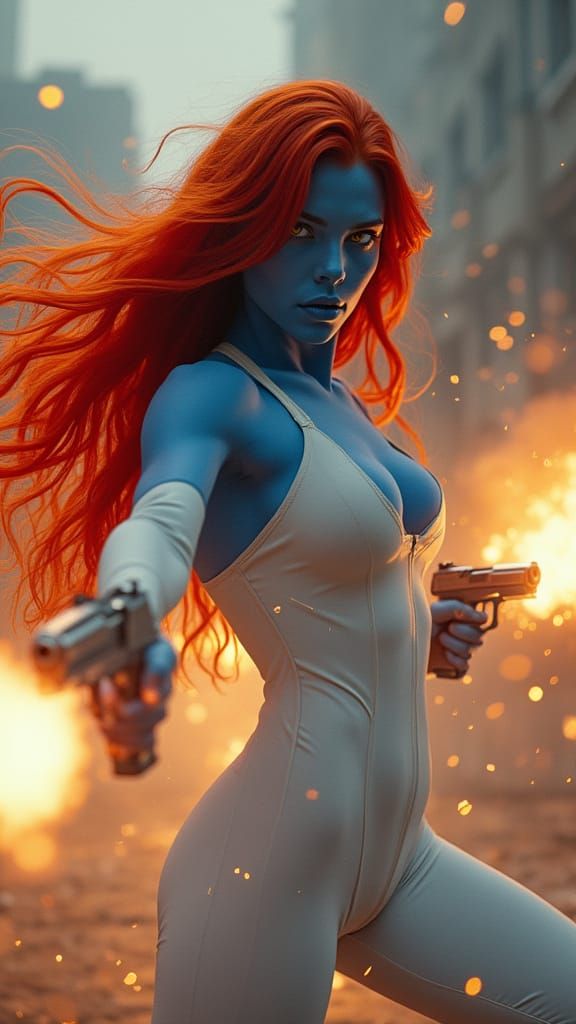Blue Skinned Woman Frozen in Time with Fiery Hair