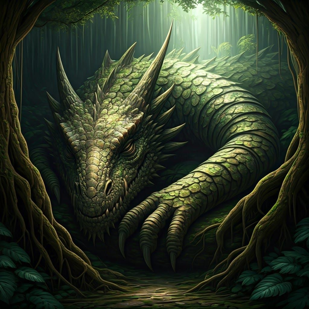 Sleeping Earth Dragon in Surreal Jungle Landscape