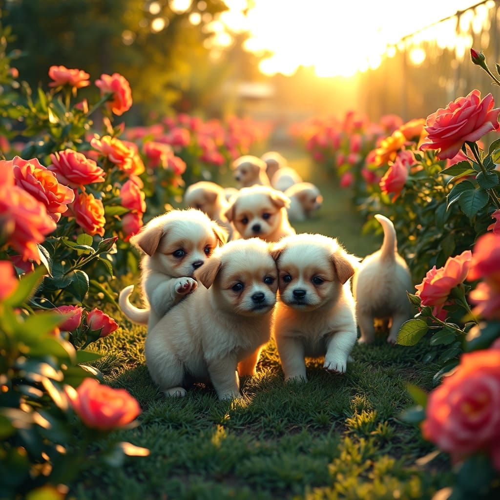 Dancing Puppies in Whimsical Rose Garden
